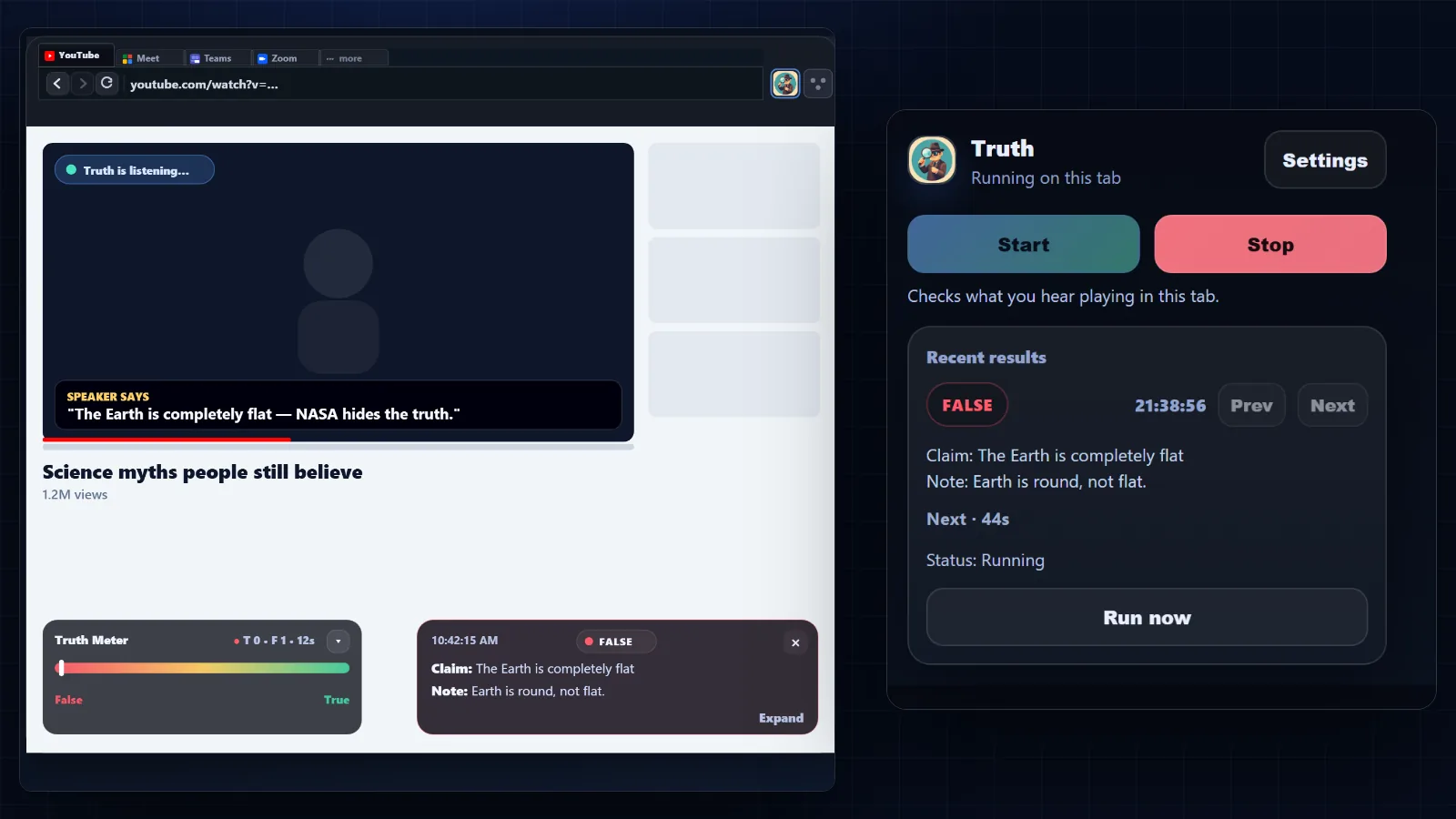 Truth by LetBe.ai fact-checking a YouTube video — the extension shows a live FALSE verdict while listening to the tab