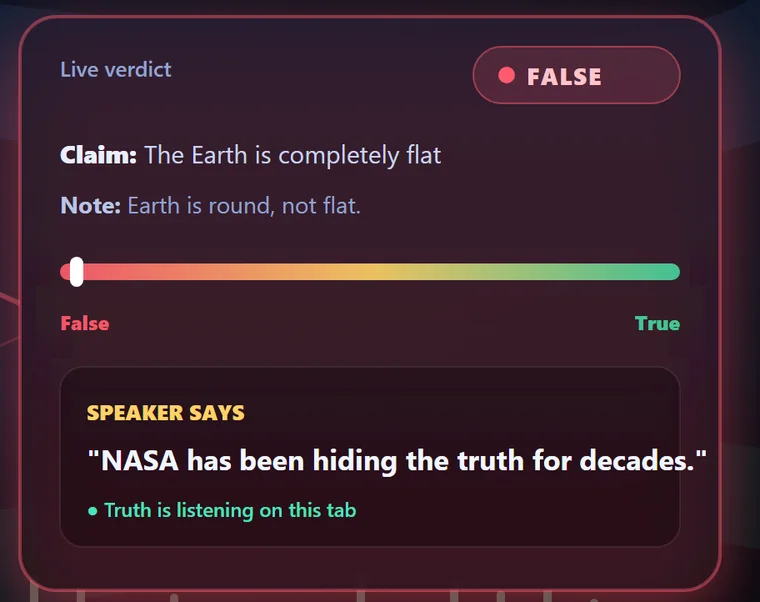 Truth by LetBe.ai live fact-check verdict card marking the claim 'The Earth is completely flat' as FALSE, with a corrective note and a False-to-True confidence meter